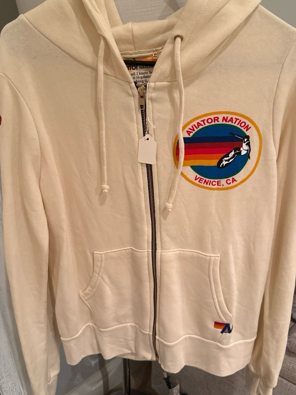 Aviator Nation Cream Full-Zip Hoodie with Sunset Stripe Tag